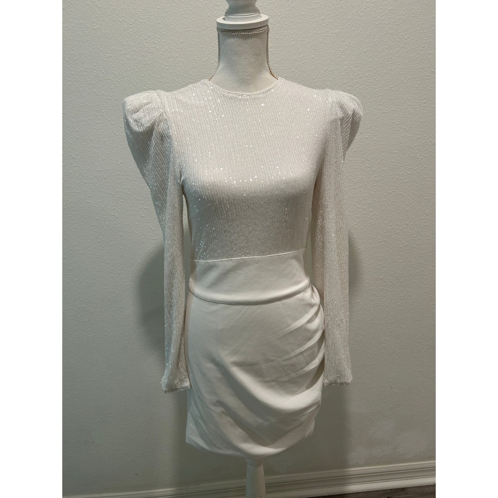 Elle Zeitoune Women Rent the Runway White Sequin Puff Sleeve Mini Dress Ruched M